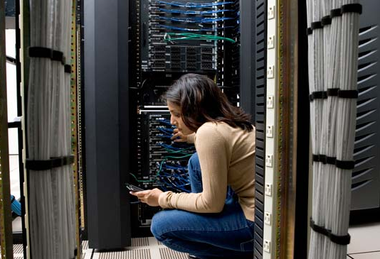 woman working on network in lab server configuration